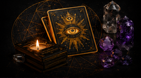 Tarot cards with a radiant all-seeing eye, a lit candle and amethyst crystals